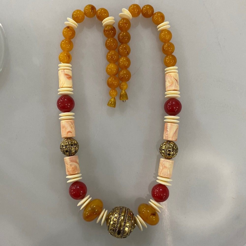 1990 Avon Moroccan Necklace Warm Amber and Antiqued Gold Tone. Plastic Beads.